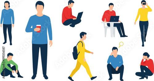 Vector illustration set of diverse young adults in various poses and activities, including standing, sitting, walking, and using laptops, isolated on a white background.