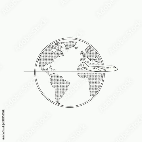 Airplane flying around the globe, world travel concept, minimalist line art