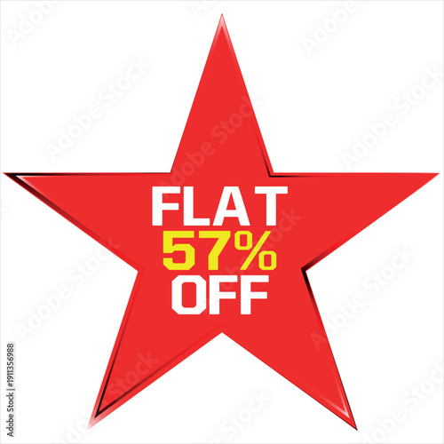 Red star with flat 57 percent off text on Discount batch white background sale discount
