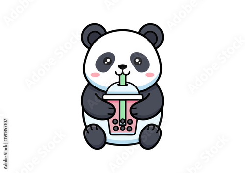 Adorable panda drinking bubble tea. Flat cartoon animal illustration for boba branding, cafe marketing, stickers, kids design, social media, and beverage packaging.