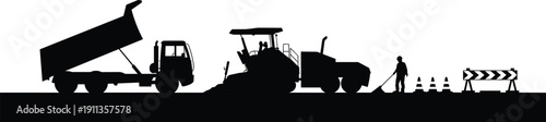 Road construction site silhouette featuring heavy machinery dump truck asphalt paver and worker with traffic cones for infrastructure development industry projects