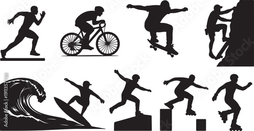 Diverse Extreme Sports Silhouettes: Running, Cycling, Skateboarding, Climbing, Surfing, Parkour, Rollerblading Isolated on white background