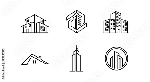 Collection of modern building and house line art icons.