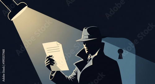 Silhouette of detective in fedora reading document under spotlight mysterious atmosphere with door and keyhole in background