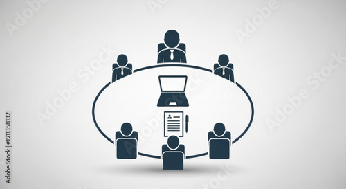 Business team collaborating around a laptop with documents remote work concept office communication