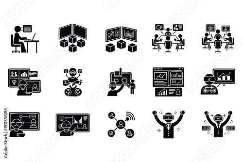 Modern flat design icon set featuring business technology and virtual communication concepts including meetings analytics and networking