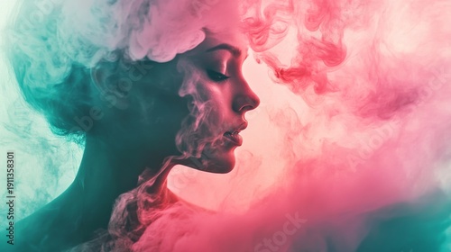 Woman's face partially obscured by colorful smoke