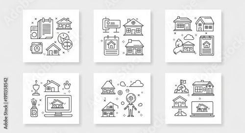 Collection of hand-drawn real estate icons and symbols.
