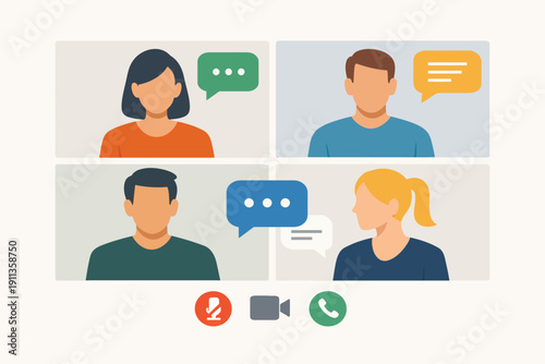 Video conference call illustration with team members talking flat clean modern business communication design