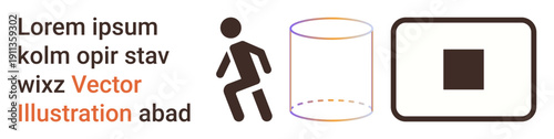 User interface, abstract design, visual learning, conceptual thinking, educational content, minimalism. Human figure next to a cylinder outline and square design. User interface and abstract design