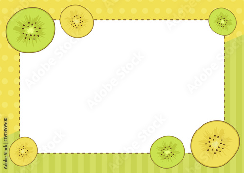 キウイフルーツの背景フレーム イエローとグリーンのドット＆ストライプ柄ベクター素材