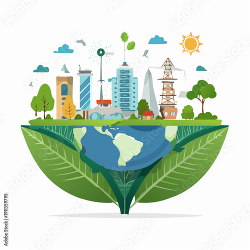 Eco-friendly cityscape on a globe supported by large green leaves, symbolizing sustainability