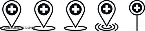 Medical location pin icons set with cross symbol healthcare map marker vector collection isolated black outline design illustration
