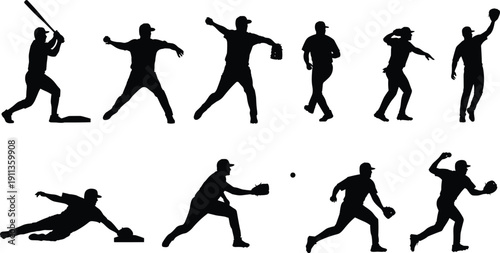 Baseball Player Silhouette Set Showing Batting, Pitching, Catching, and Fielding Actions in Dynamic Sports Motion Illustration