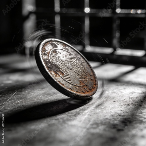 Spinning Antique Coin on Grungy Surface with Dramatic Lighting
