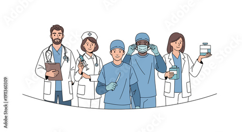 Line Art Diverse Team of Medical Professionals Illustration in Group Setting