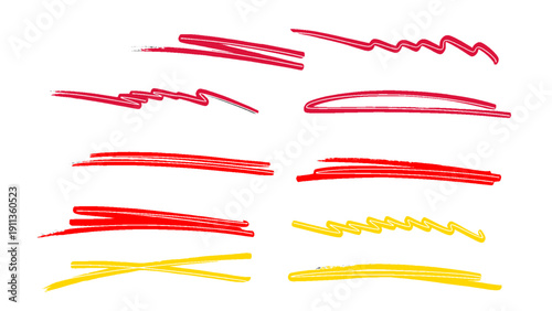 A collection of hand drawn marker highlight strokes in red and yellow, perfect for emphasis and creative designs.