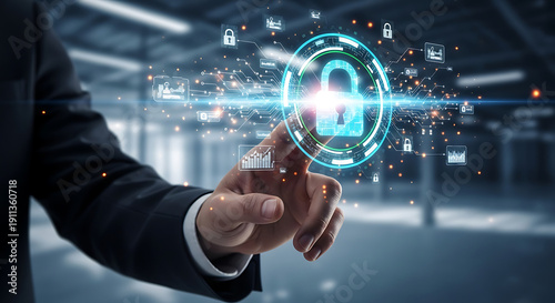 Cybersecurity concept of a padlock icon glowing on a digital interface with a person's finger touching it