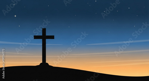 Silhouette of a Christian cross on a hill at dusk against a gradient sky with stars symbolizing faith and hope