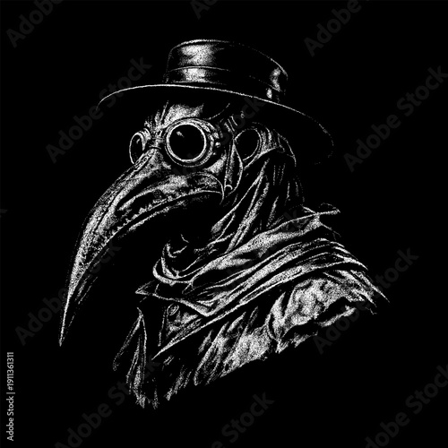 Highly detailed hand-drawn vector illustration of a plague doctor in dark attire, featuring the iconic beaked mask, round goggles, wide-brim hat, and textured cloak. Vintage engraving style.