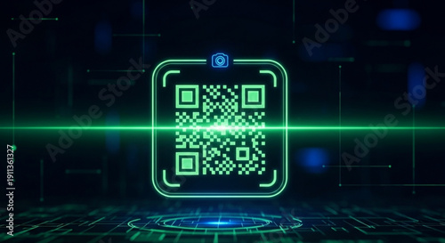 Neon green qr code scanning in dark futuristic cyberpunk background with blue accents and glowing lines