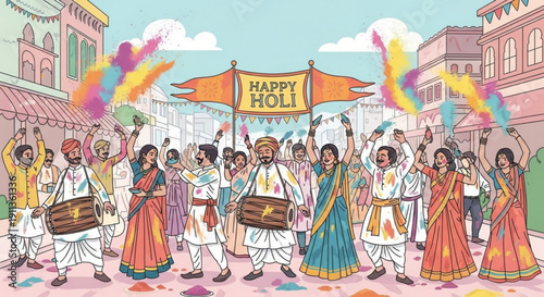 Holi festival celebration with people throwing colorful powder and playing drums vibrant street scene with happy crowd and Happy Holi banner