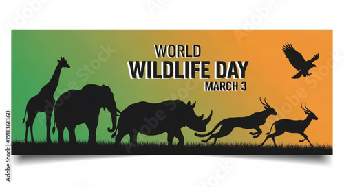 World Wildlife Day banner with animal silhouettes celebrating conservation and biodiversity on March 3 vector illustration