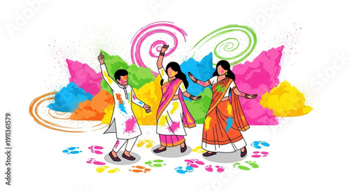 People celebrating Holi festival with colorful powders joyful dance and vibrant splashes illustration for Indian culture and spring celebration