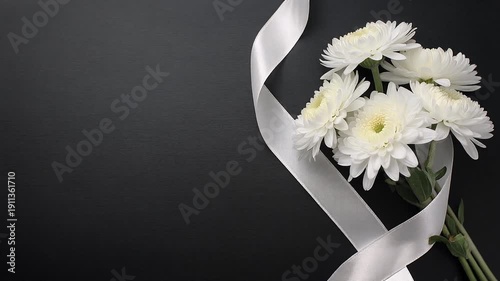 Beautiful white chrysanthemum flowers and white ribbon against a dark background with empty space.