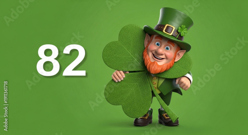 Leprechaun holding a lucky four-leaf clover St Patricks Day concept with number 82 festive illustration for celebration