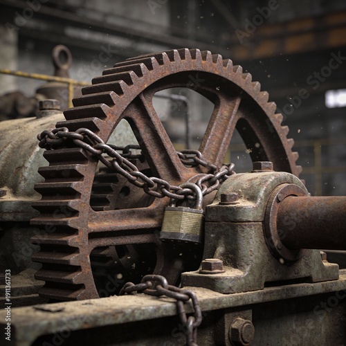 Rusty Industrial Gear Mechanism Secured with Chain and Lock