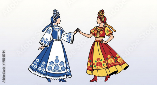 Two women in traditional colorful folk costumes dancing vector illustration of Slavic culture and heritage isolated on white background