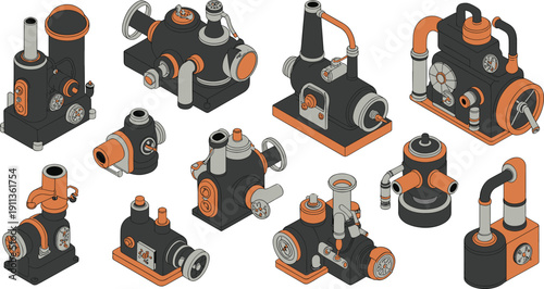 Isometric industrial machinery illustration set, mechanical pump engines and pipe equipment collection, engineering vector components isolated design
