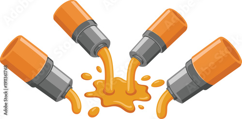 Isometric industrial pipe nozzles pouring liquid illustration, mechanical fluid flow splash, engineering equipment vector isolated dynamic design