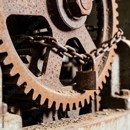 Rusty Gears Locked by Chain and Padlock, Mechanical Industrial Concept