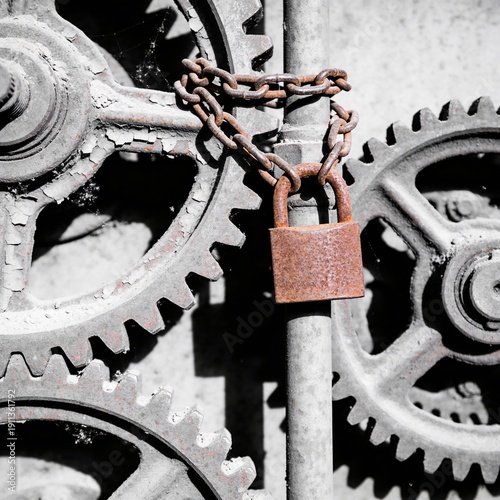 Rusty Gears Secured with Chain and Padlock, Industrial Concept