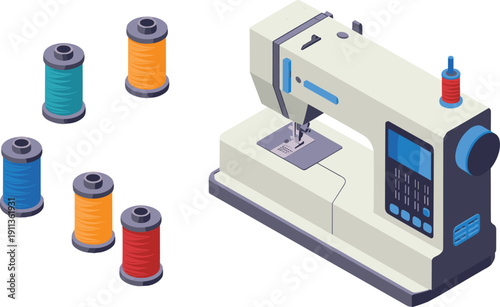 Isometric sewing machine illustration with colorful thread spools, modern tailoring equipment vector isolated craft studio design