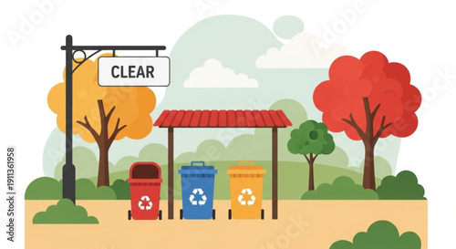 Recycling bins under a shelter in a park with autumn trees concept of eco-friendly waste management and clean environment