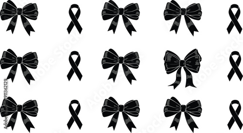 Black mourning ribbons and bows set isolated on white background for memorial funeral awareness design