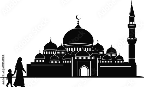 Silhouette of a Muslim mother and child walking toward a majestic mosque with domes and minaret during Ramadan, Islamic culture and spiritual heritage
