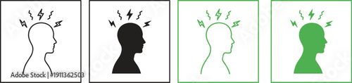 Headache and Migraine Icon Set, Human Head Silhouette with Lightning Pain Symbols, Neurological Stress, Mental Health Concept Illustration