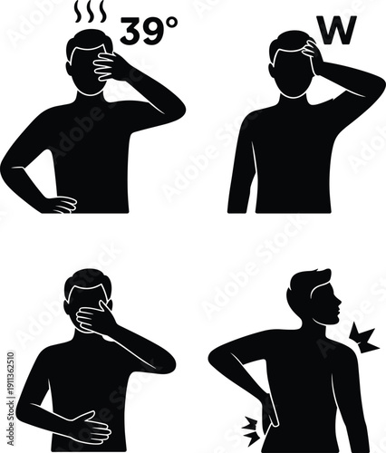 Flu and Fever Symptoms Silhouette Icons, High Temperature 39 Degrees, Headache, Nausea, Back Pain, Viral Infection Healthcare Illustration