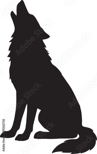 Silhouette of Howling Wolf Sitting Isolated on White Background