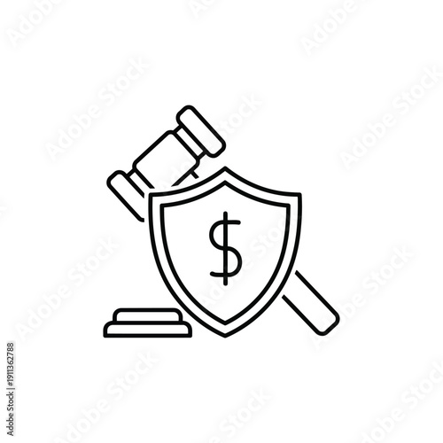 A magnifying glass examining a shield with a dollar sign and a gavel