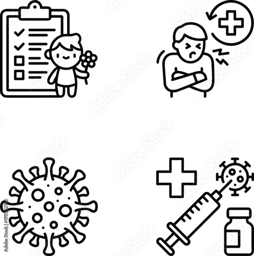 Vaccination and Virus Protection Icons Set, Immunization, Medical Checklist, Sick Patient, Coronavirus, Syringe, Healthcare Prevention Illustration