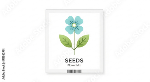 Packet of flower seeds with blue bloom and green leaves on white background