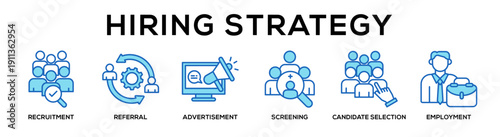 Blue - Hiring Strategy web banner icon vector illustration concept for business with icon of recruitment, referral, advertisement, screening, Candidate Selection,.
