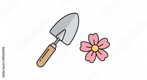 Trowel and pink flower for gardening and planting on white background