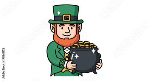 Smiling leprechaun holding pot of gold coins in green suit