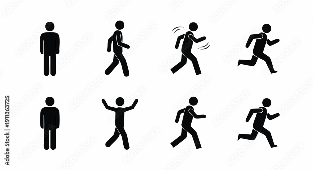 Fototapeta premium A set of eight black silhouette icons depicting people running, walking, and celebrating on a white background, representing Smart City Solutions for urban planning and mobility.